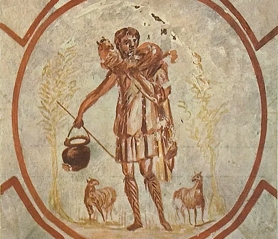 The_Good_Shepherd,_Priscilla_Catacomb-Die_Malereien_der_Katakomben_Roms_(Tafeln)_by_Wilpert,_Joseph (Foto: Rebekka Scartazzini) The_Good_Shepherd,_Priscilla_Catacomb-Die_Malereien_der_Katakomben_Roms_(Tafeln)_by_Wilpert,_Joseph (Foto: Rebekka Scartazzini)